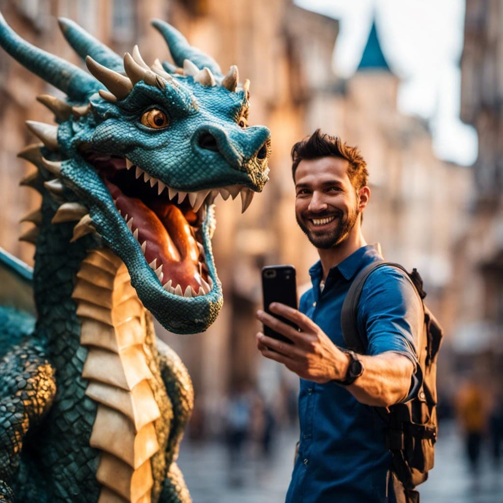 AI generated: A dragon in the city of Kynopolis taking a selfie with a tourist, smiling, ultraphotorealistic, unre...