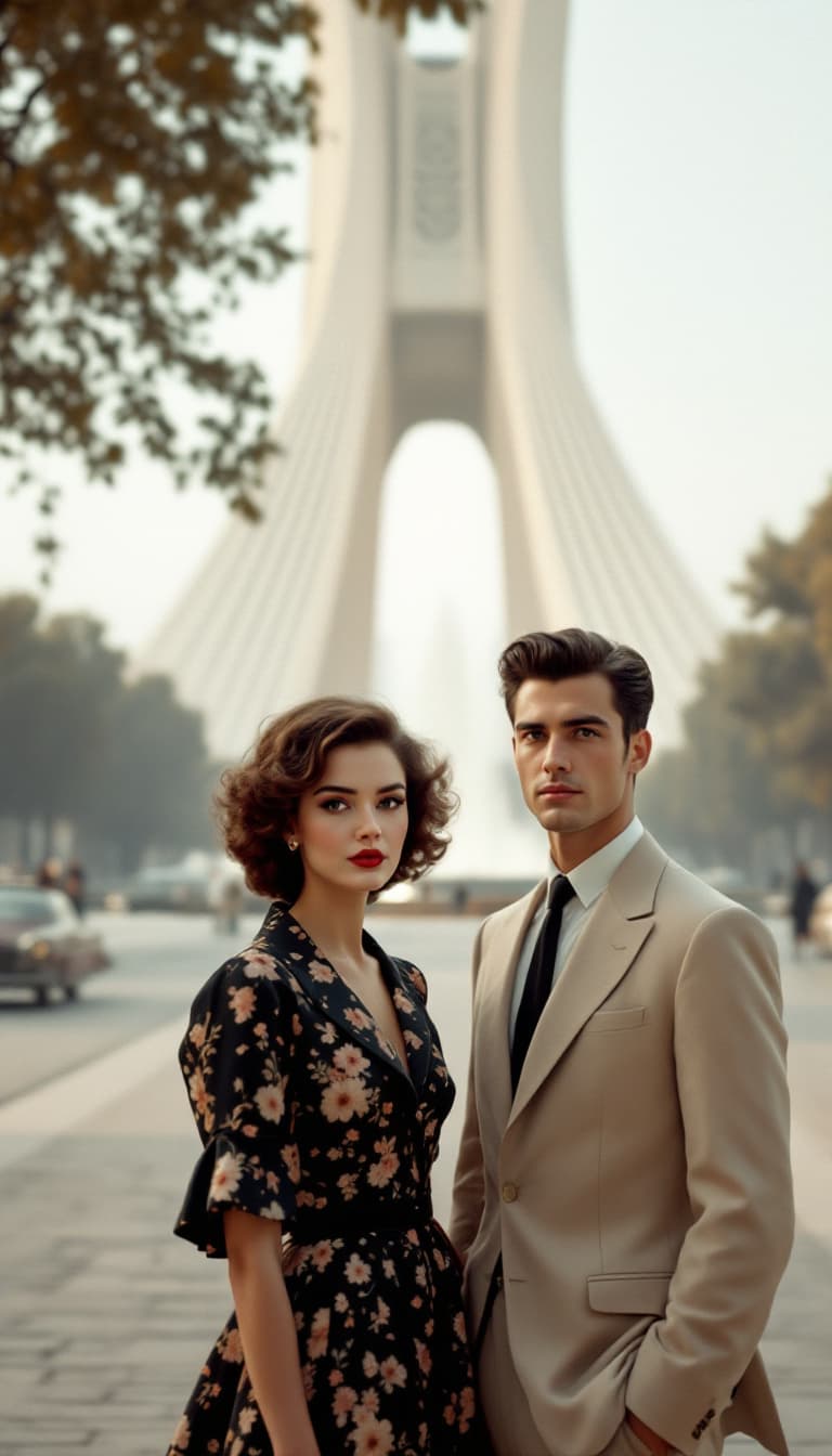 AI generated: The young couple from the 1950s stands in the heart of Tehran, with the iconic Azadi Square (formerl...