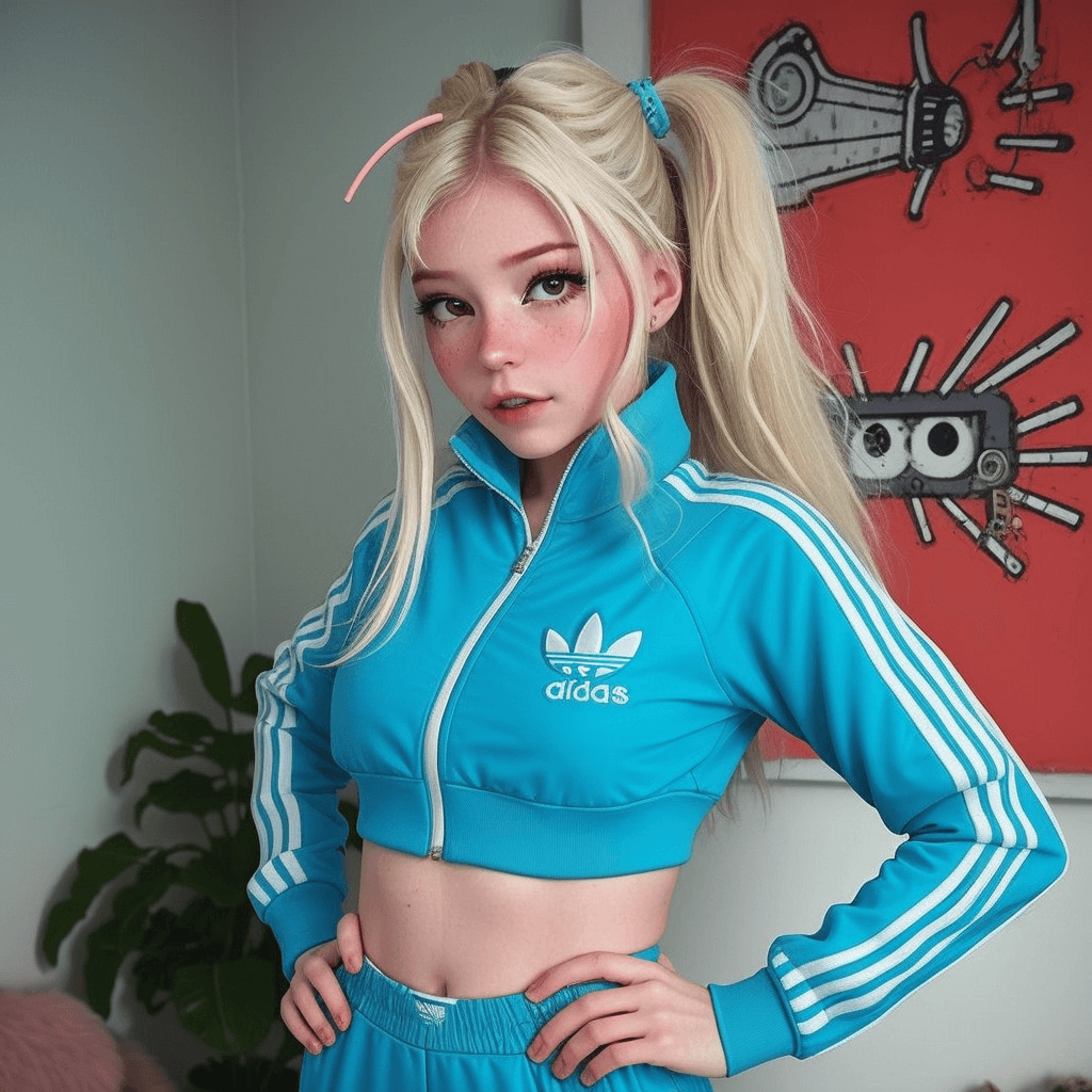 AI generated: by Jean Michel Basquiat,a cyborg girl, <lora:DI_belle_delphine_v1:1> BREAK Girl wearing Adidas sport...