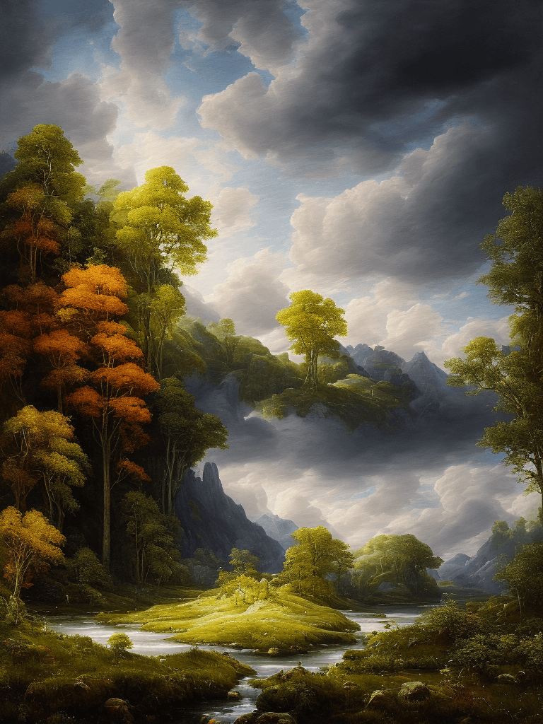 AI generated: landscape, an endless mountain range on the background, covered full with lush green forests and lif...
