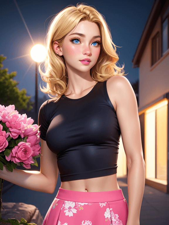 AI generated: realistic, night, 1girl, crop top, blonde hair, blue eyes, glowing eyes,skirt, flowers, parted lips,...