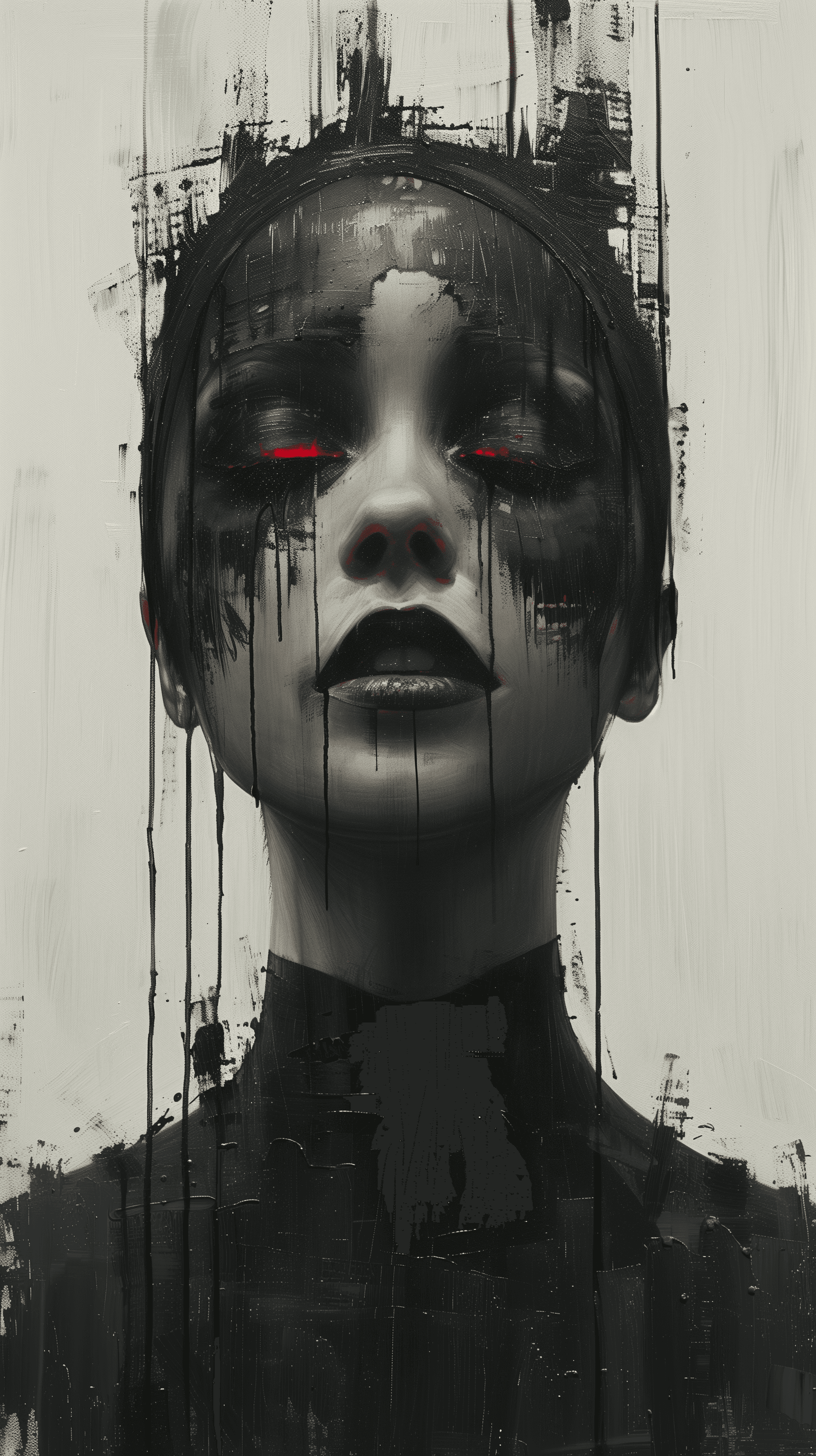 AI generated: artistic, oil painting, front view, upper body, heavy brushed, sci-fi, bizarre mechanical human, gaz...