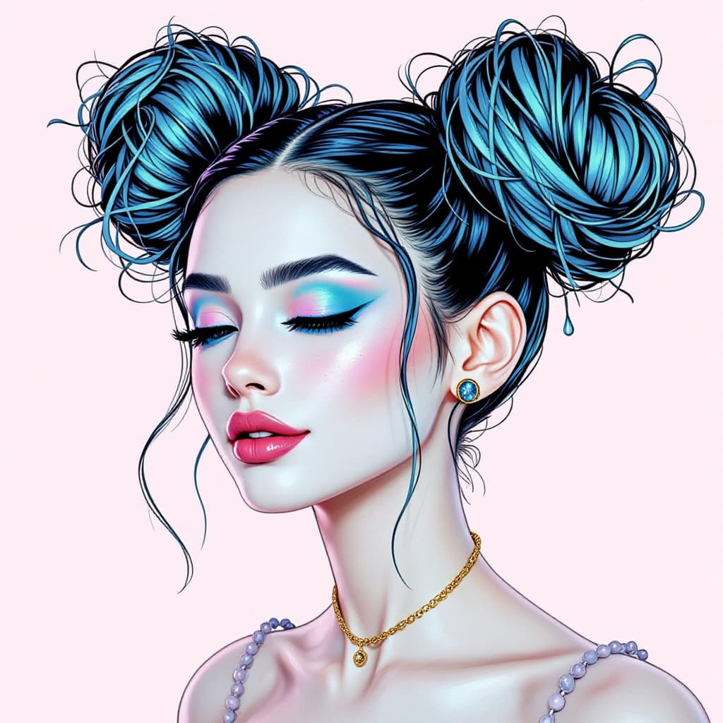 AI generated: space buns double buns hair. tall. ((realistic style)) lightskin. sexy. happy. full body. ((diecisie...