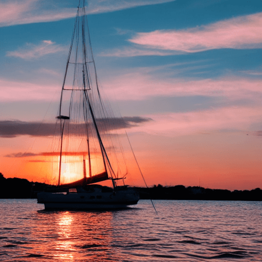 AI generated: 
a sailboat floating at sunset, its sail is a Union Jack

