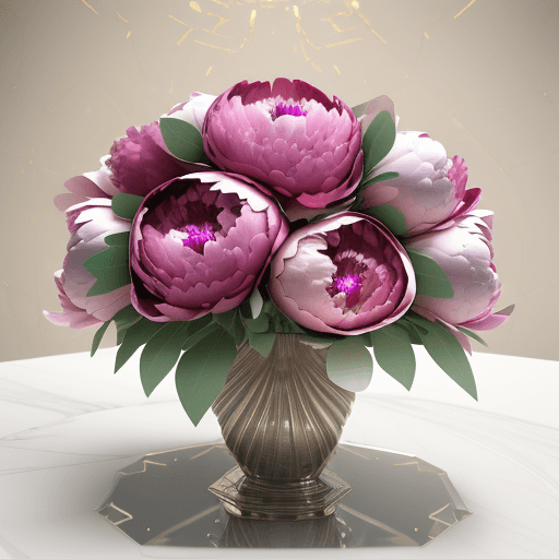 AI generated: A stunning 3D render of a luxurious gift featuring a bouquet of vibrant, shiny peonies. The flowers ...