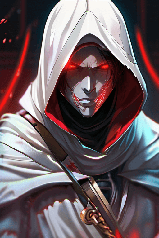 AI generated: anime artwork face portrait of an assassin, in an all white hood and ragged all white clothes, with ...