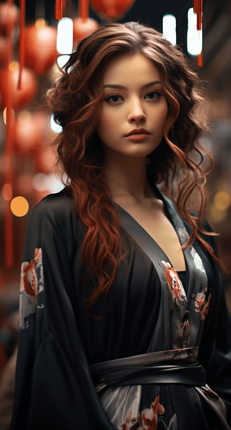 AI generated: an oriental woman in a black kimono showing some red hair, in the style of cyberpunk dystopia, dark ...