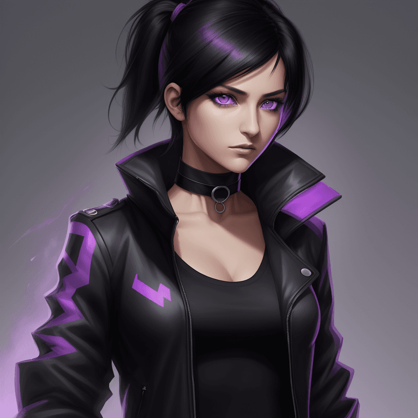 AI generated:  The image is a digital artwork of a female character with black hair and purple eyes, wearing a bla...