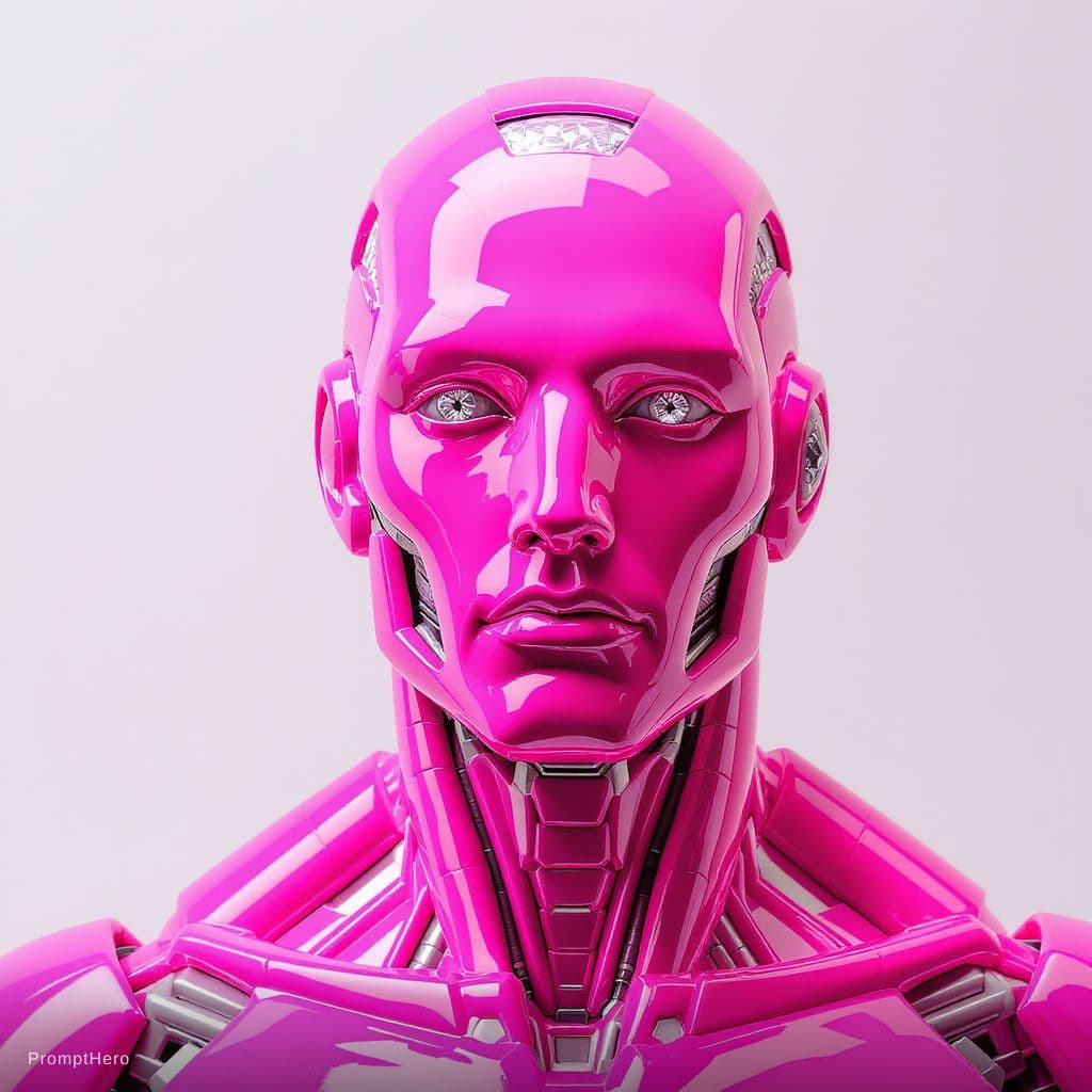 AI generated: Sculpture of a bionic male face made of bright pink ceramic with diamonds, standing out against the ...