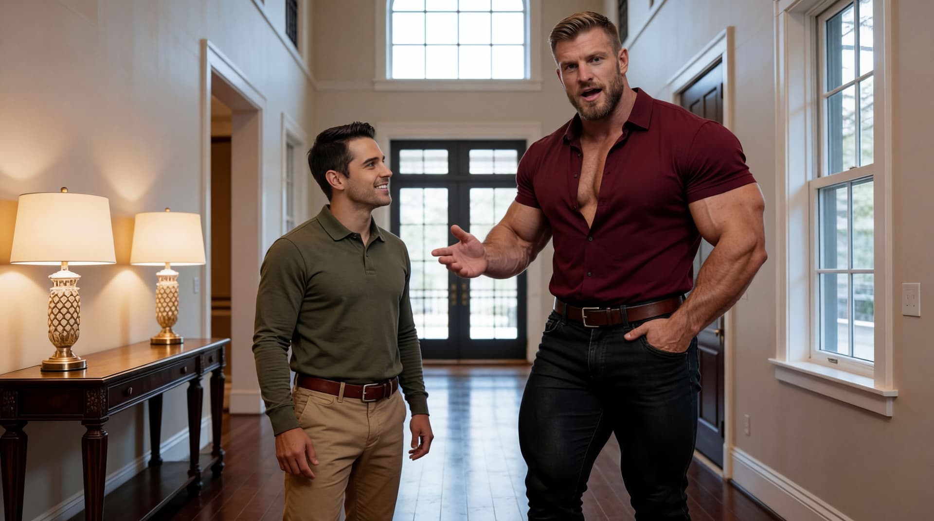 AI generated: Change the model's face in the green polo shirt. He is looking at the bodybuilder, he is smiling. 

...