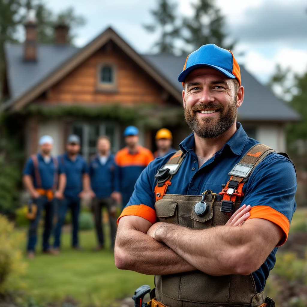 AI generated: ultra realistic photograph of roofing contractor standing infront of a house that has a new roof.

T...