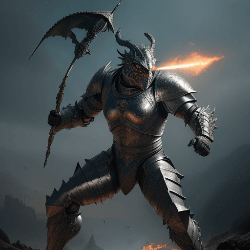 AI generated: sci-fi futuristic warrior dragon like steel armor mask holding flail in attack position, lights on m...