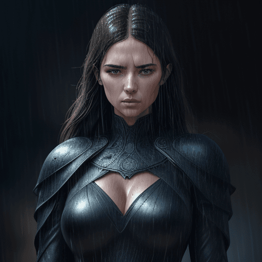 AI generated: women with a focus face, black gold dress . standing in light rain. with realistic drop of rain on h...