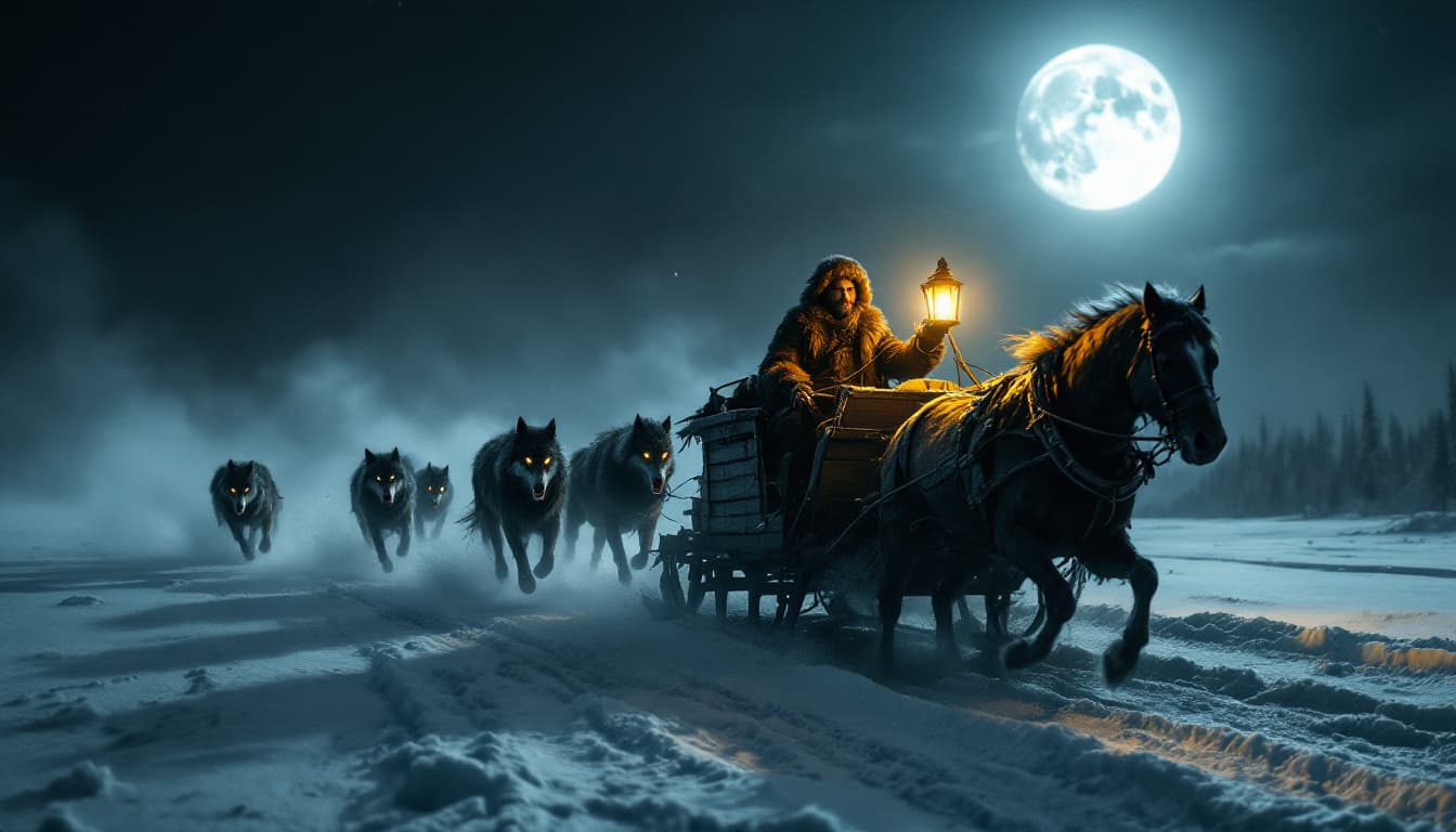 AI generated: A dark, moonlit Siberian night. A battered wooden troika speeds across a frozen wasteland, pulled by...