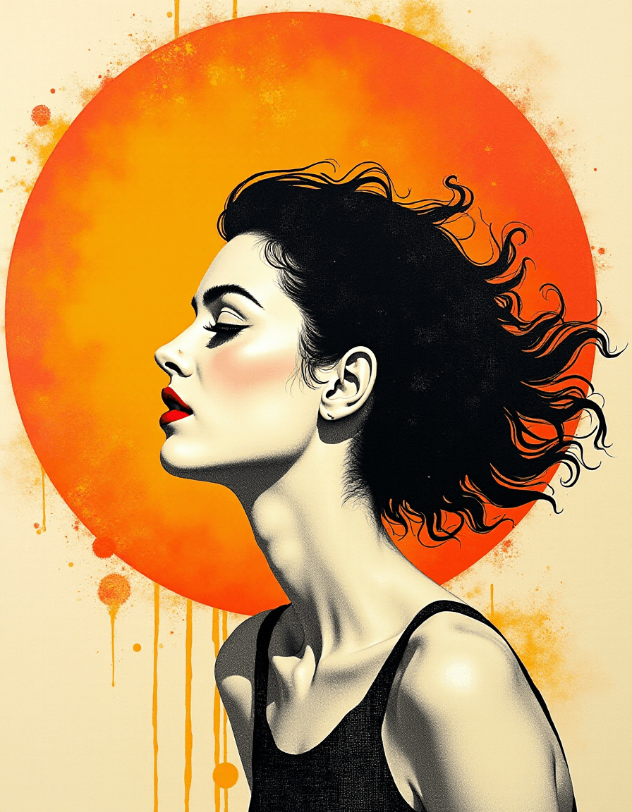 AI generated: Sun profile , Halftone pattern, female profile with pale skin and waving hair, curved shapes around ...