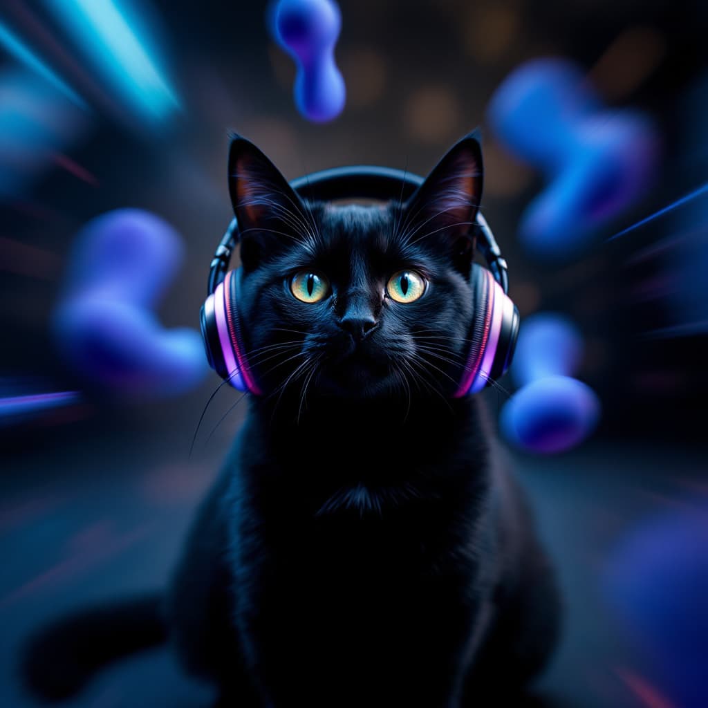 AI generated: A black cat, wearing headphones and fully immersed in the world of music, is surrounded by a dynamic...