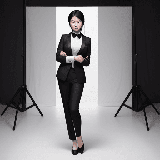 AI generated: fashion photography, front view, full-body, asian woman model, black photo studio, black suit, white...