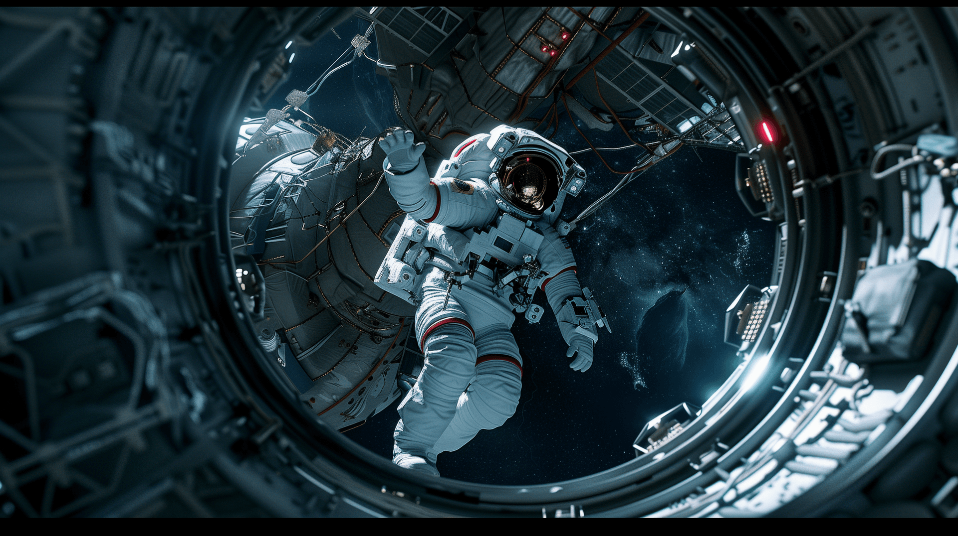 AI generated: A photorealistic image of an astronaut floating in zero gravity, with the H runs inside its open cir...