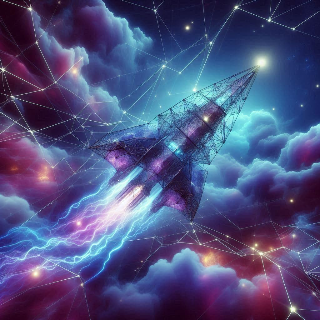 AI generated: The mysterious spacecraft is a bonelike geometric scaffold made of purple and azure lightnings. The ...