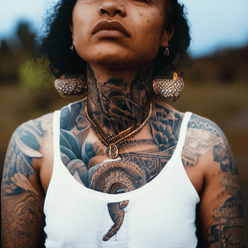 AI generated: hyper realistic photograph, portrait of a tattooed southamerican indigenous black woman, future punk...