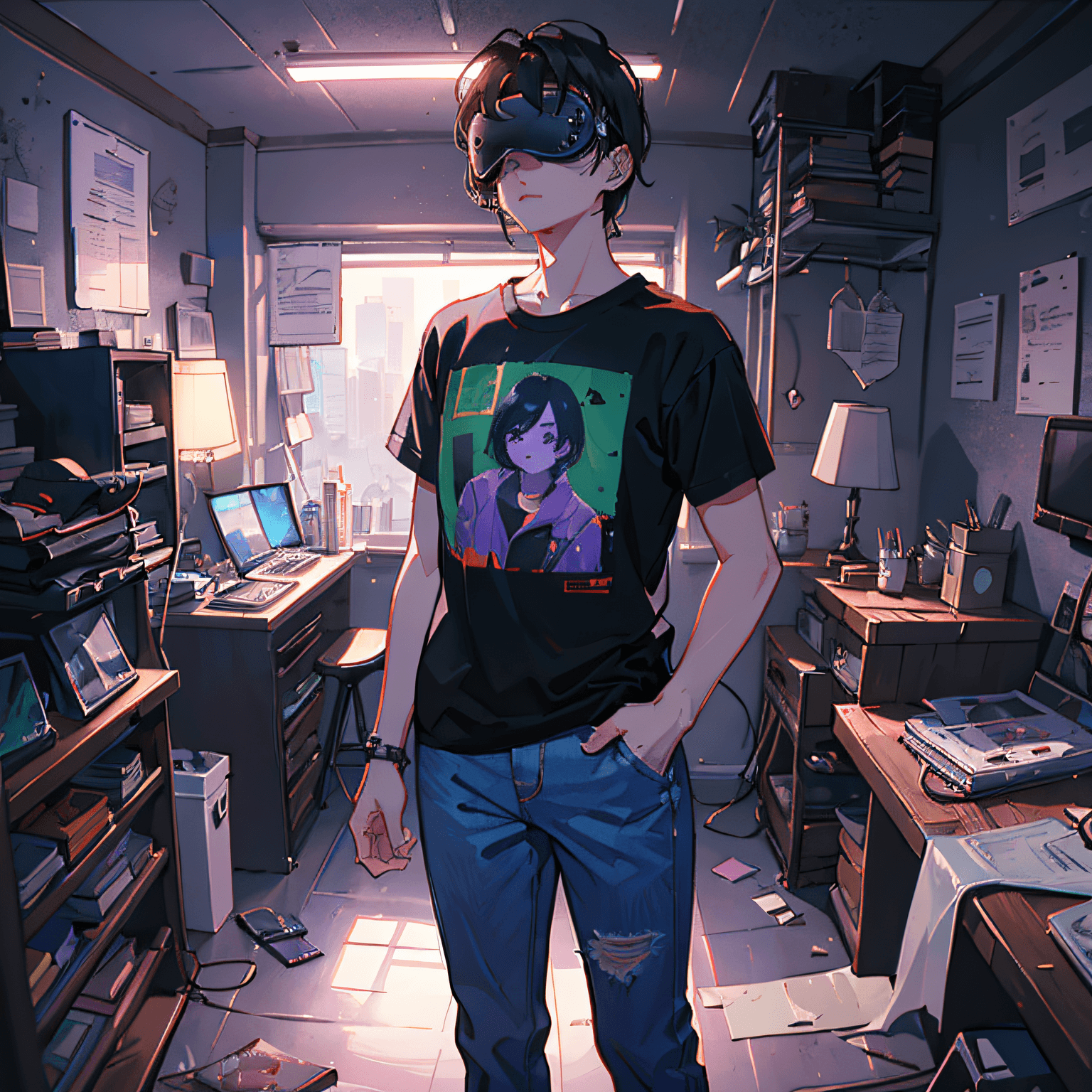 AI generated: ((cyberpunk)), (night, dark room), (((VR goal held with both hands))))), (green light in the room)),...