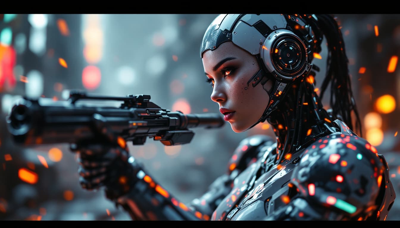 AI generated: A cyborg female soldier fighting in a warzone bright background, masterpiece, best quality, super de...