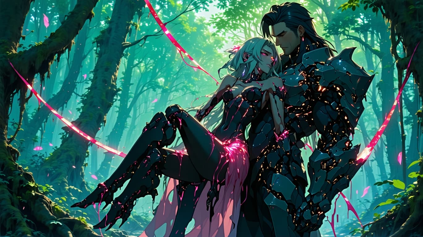 AI generated: Anime style like, wild futuristic leafy forest jungle fantasy cyberpunk world war scenario,  cyberpu...