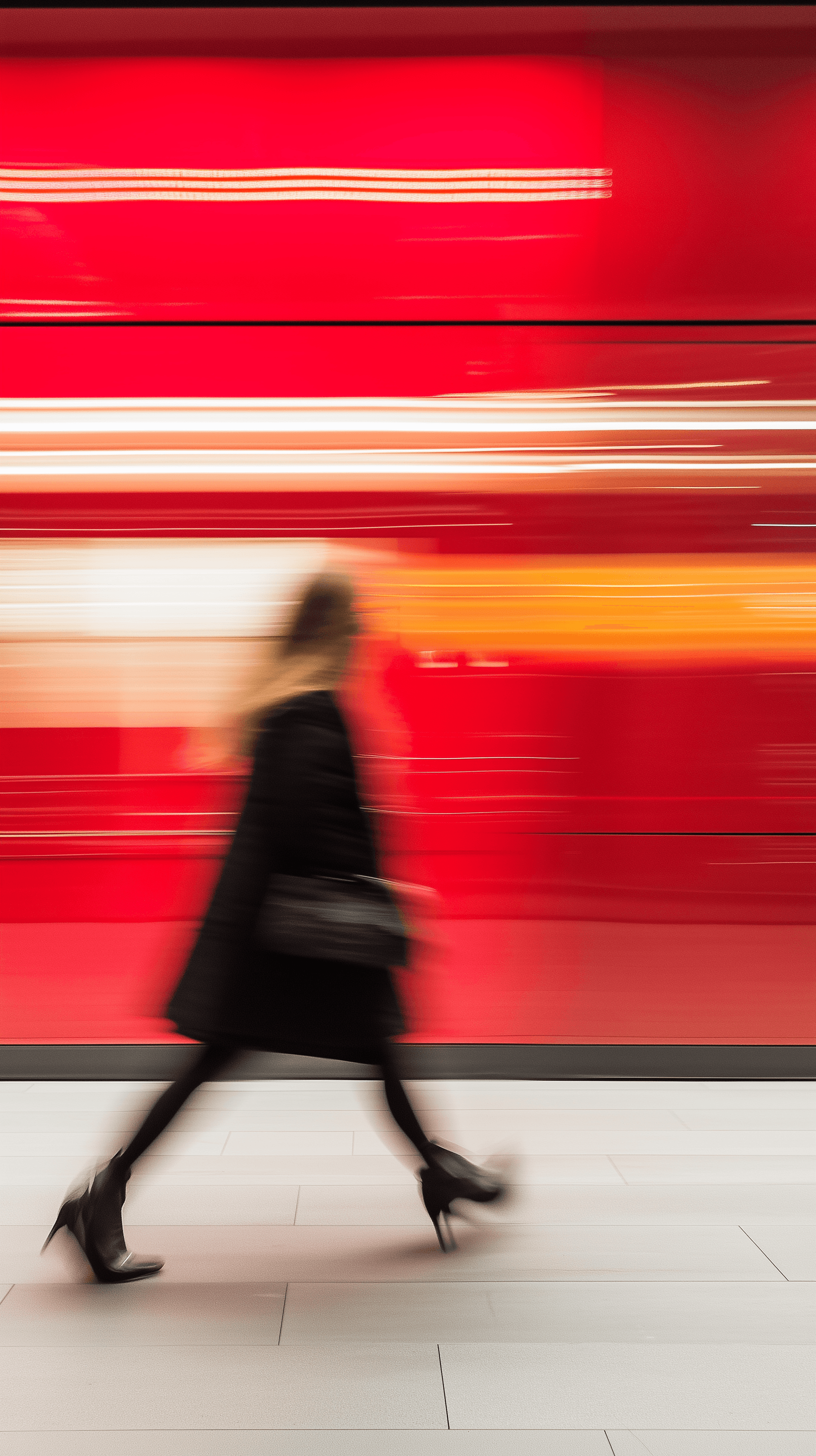 AI generated: conceputal image, commercial, rapid red line theme, wide shot, passing by woman blurring, simplify -...