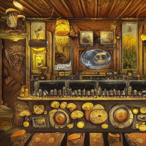 AI generated: Fantastic nature dream concept, a full WIDE view, love 1920 saloon interior with yellow mushrooms an...