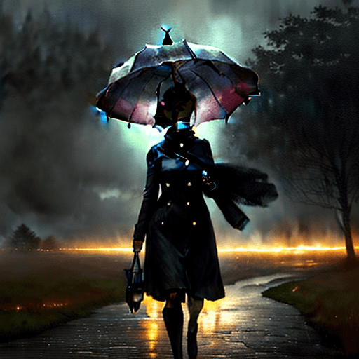 AI generated: Autumm is here. Windy, light rainy, a woman with an umbrella is wandering through the landscape, atm...
