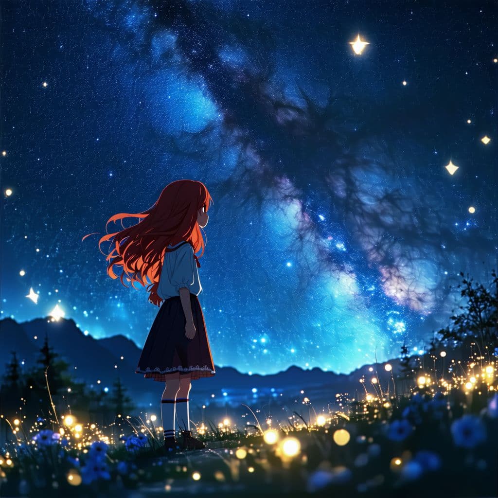 AI generated: 1 girl,([red hair:blue hair:0.8]:1.5),dream scene,starry sky,looking up at sky,wilderness,