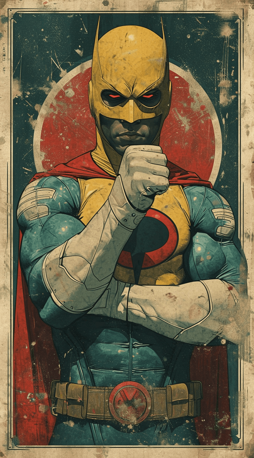 AI generated: an image of a man dressed like a superhero with his fists and arm, in the style of chicano art, dark...