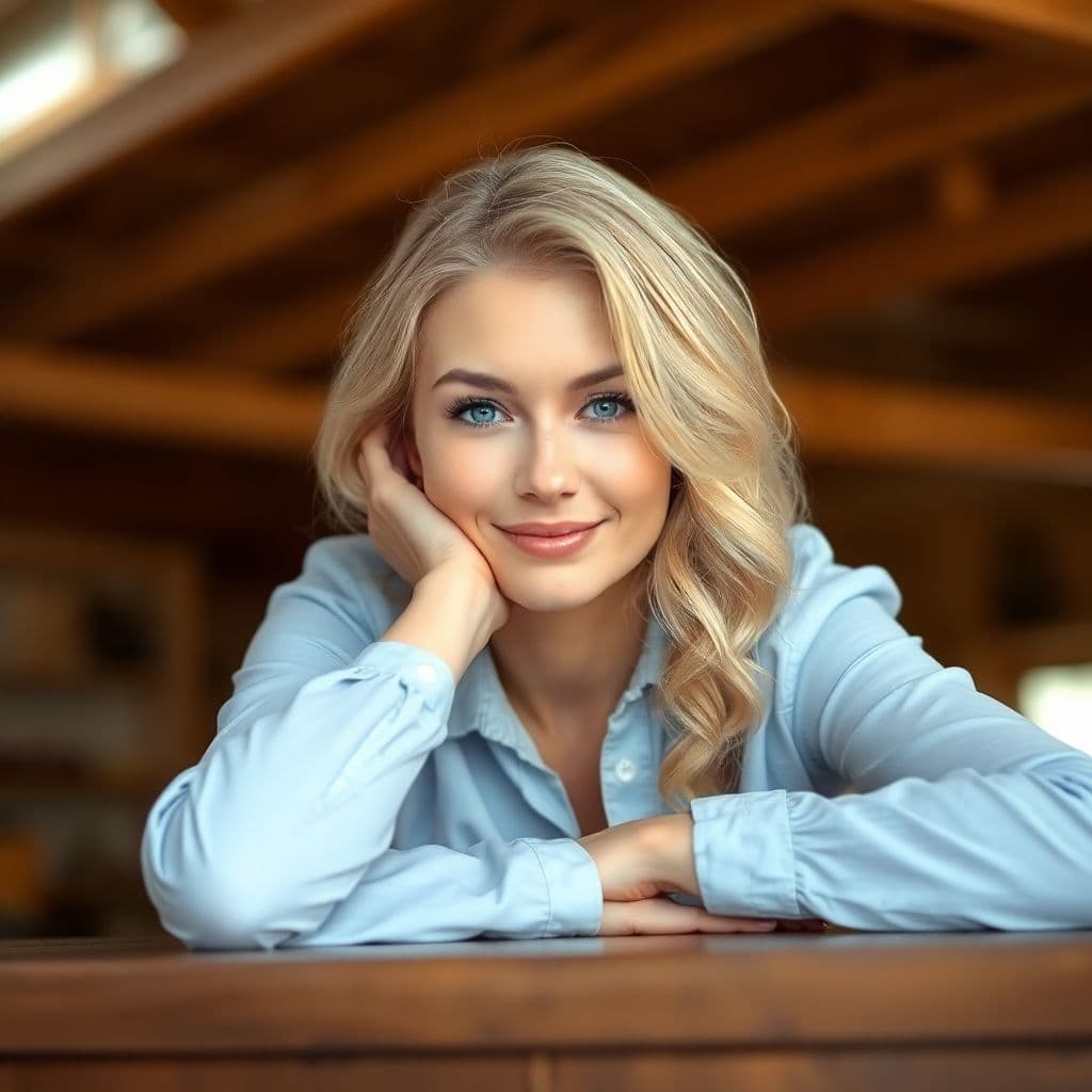 AI generated: Portrait of a blonde woman with wavy hair, wearing a light blue shirt, leaning forward on a wooden t...