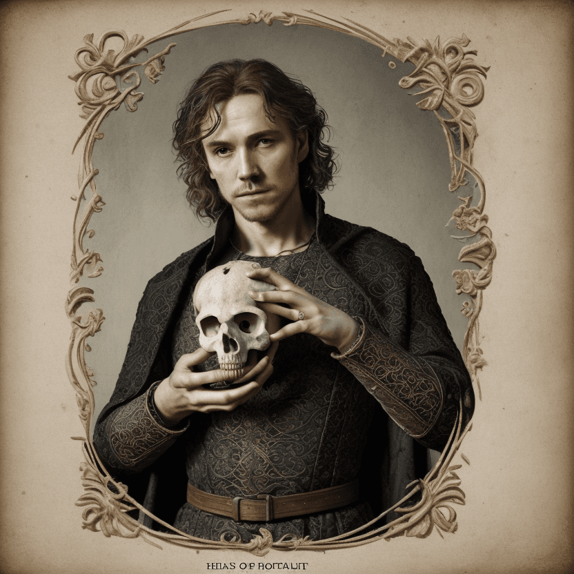AI generated: To be or not to be, Hamlet holding an anatomically correct human skull of Yorick in the palms of his...