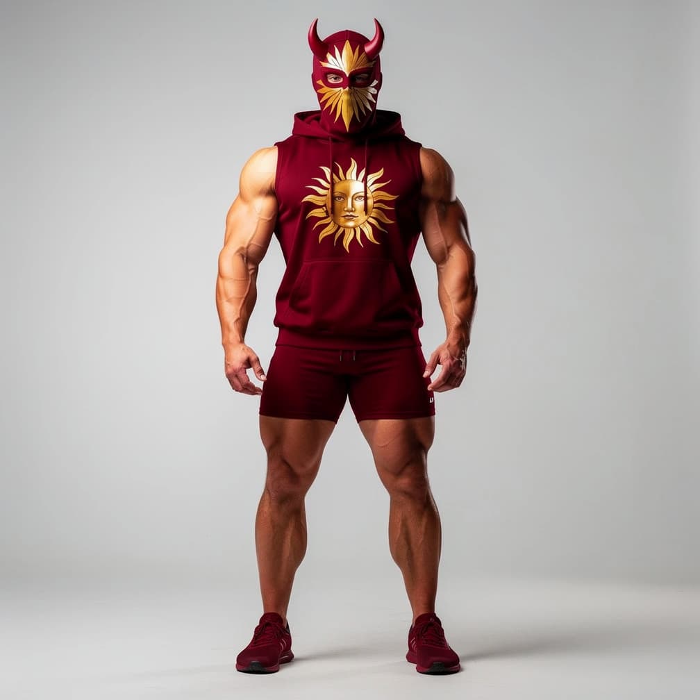 AI generated: A big muscular man wearing maroon short shorts and a maroon tank top and a hood plus a maroon mask w...