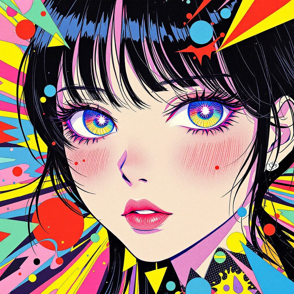 AI generated: 
by mika pikazo, anime pop art, reverse pop,
colorful bright eyes, asuka 