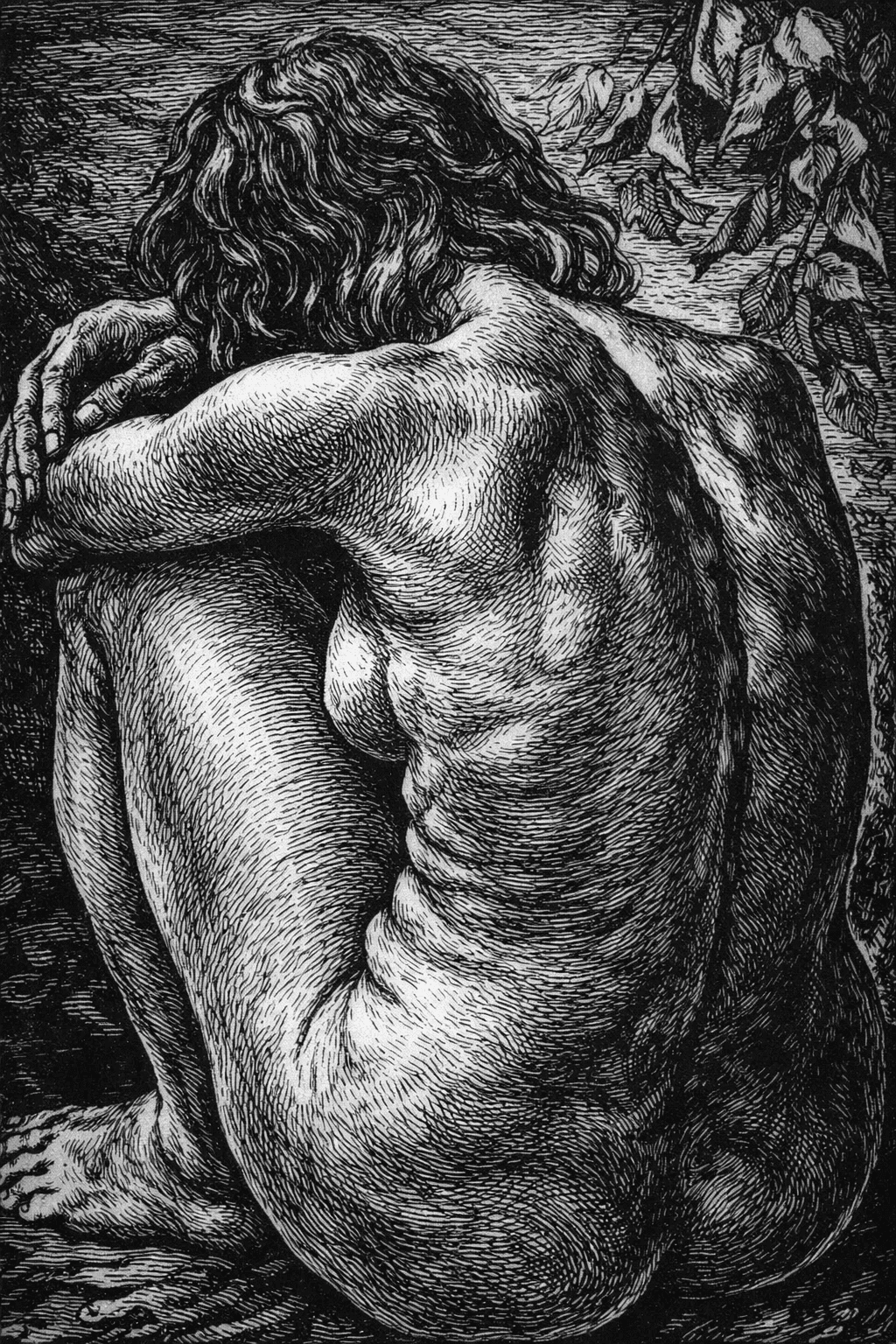 AI generated: sad nude woman sitting from behind, curled up posture, hugging her knees, head down, long wavy hair ...
