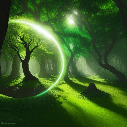 AI generated: A large circle of light surrounds a leafy tree. The image is a fantasy landscape, with a vibrant sty...