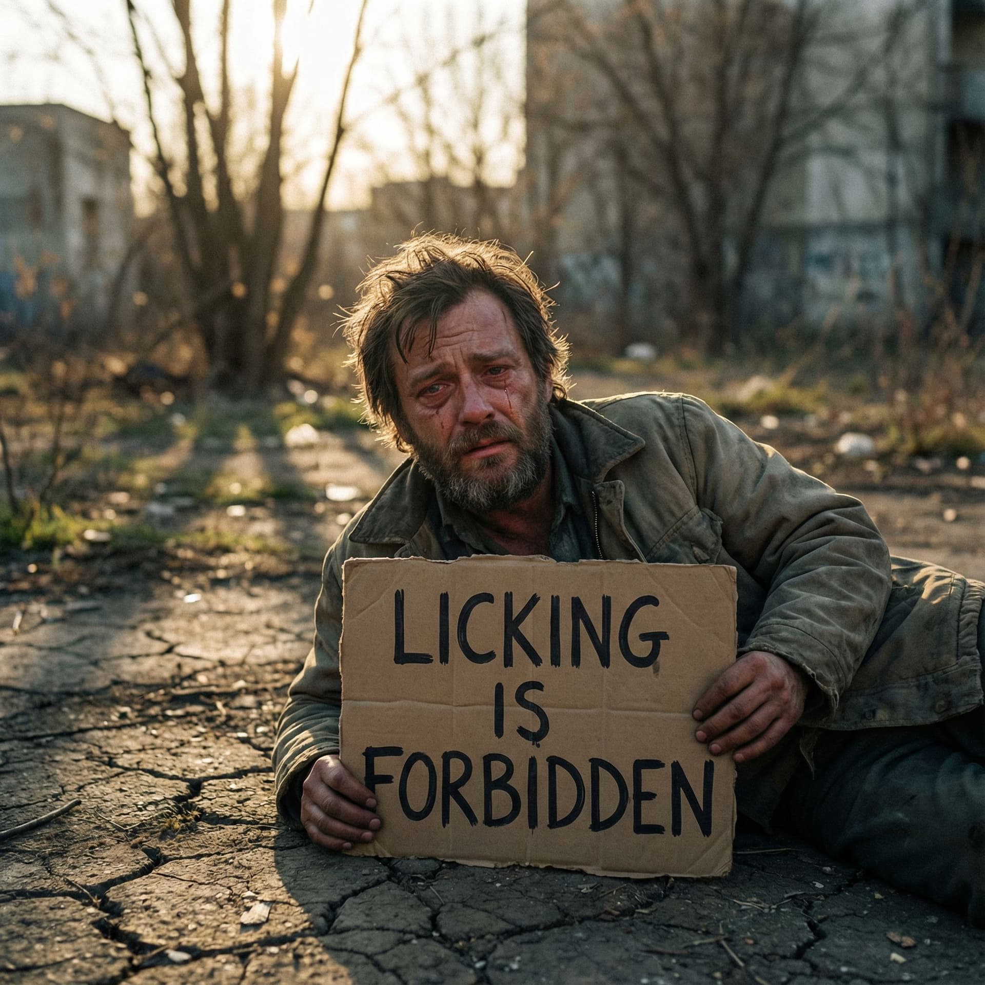 AI generated: A realistic cinematic scene: a crying adult man lying half-reclined on the ground, holding a clearly...