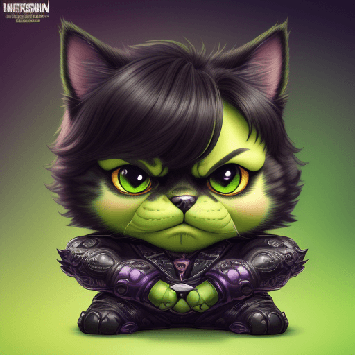 AI generated: Puppy cat with costum hulk elegant computer geek, chibi and real style, masterpiece, realistic photo...