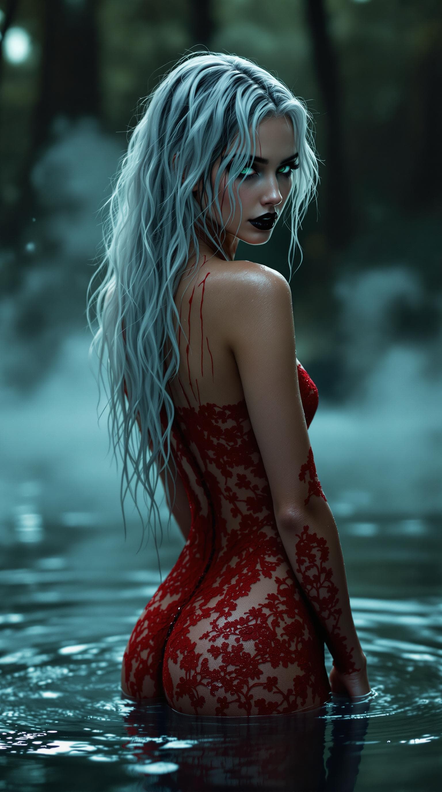 AI generated: A realistic, full body photo of a thin, toned, perfect body female with long, bright white with blac...