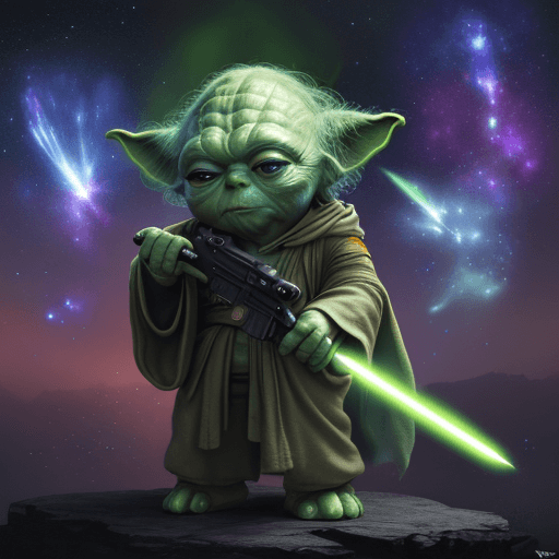 AI generated: Galaxy war, YODA in cosmos, 4k, light sword, background 
