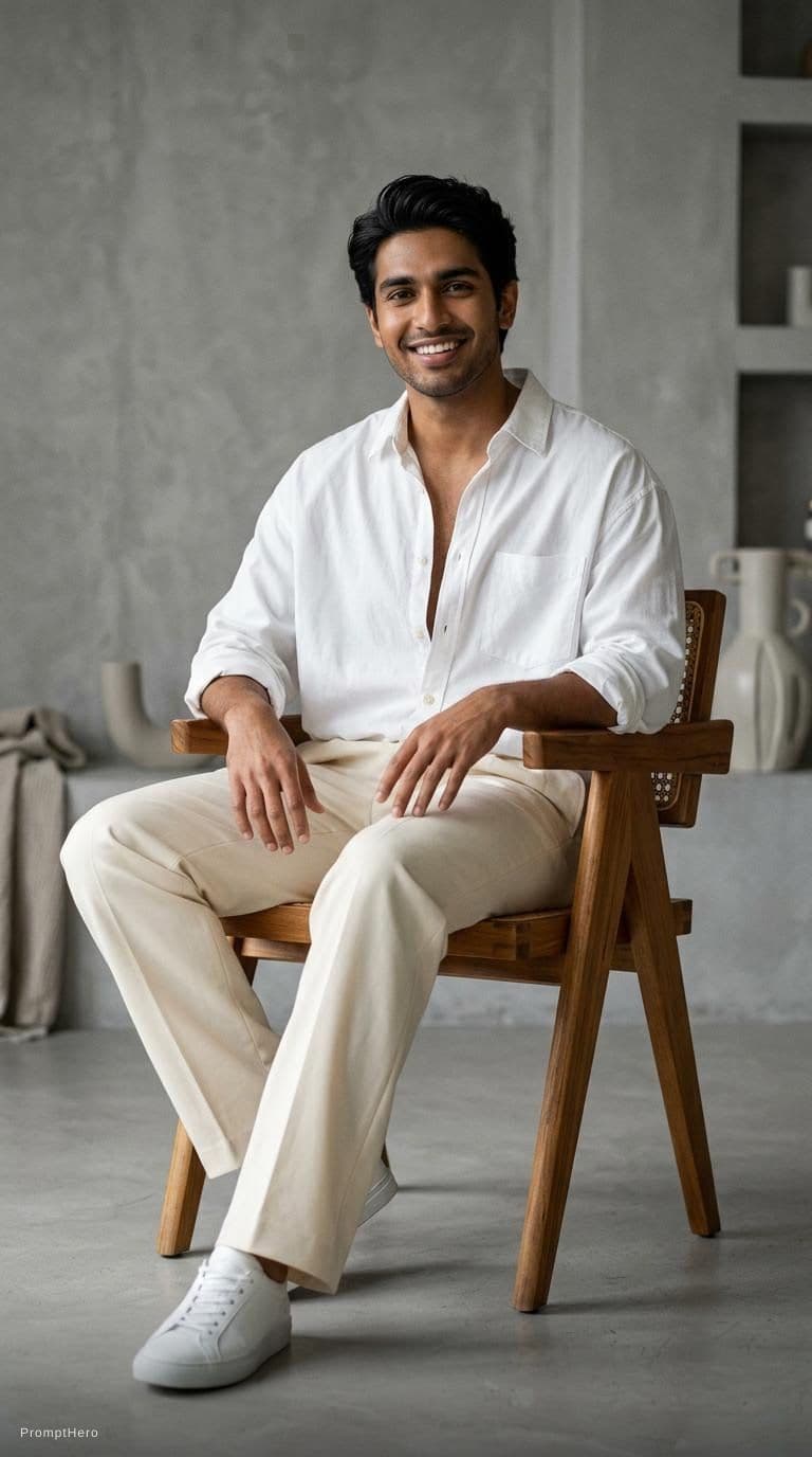 AI generated: Handsome young South Asian man sitting casually on a stylish wooden chair in a modern minimalist stu...