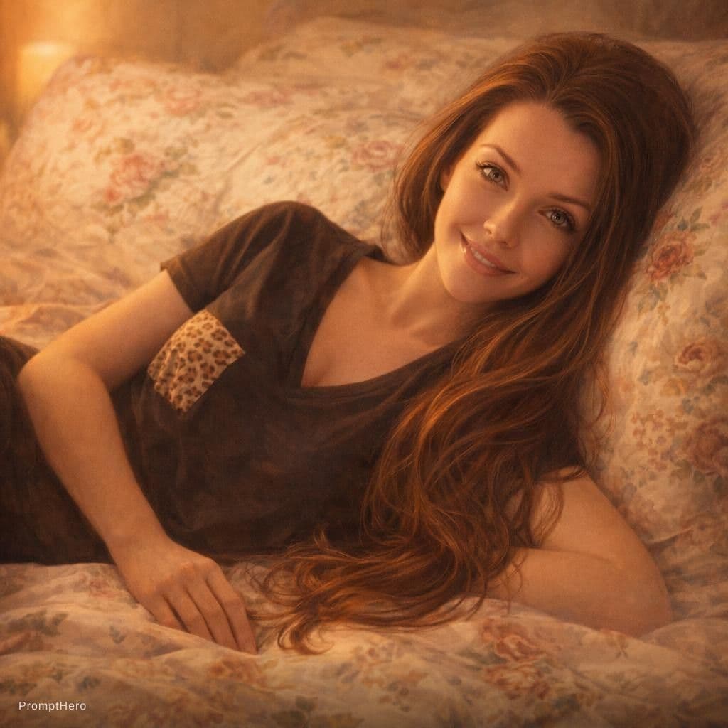 AI generated: Description: A graceful female figure reclining on a bed adorned with floral-patterned sheets, illum...
