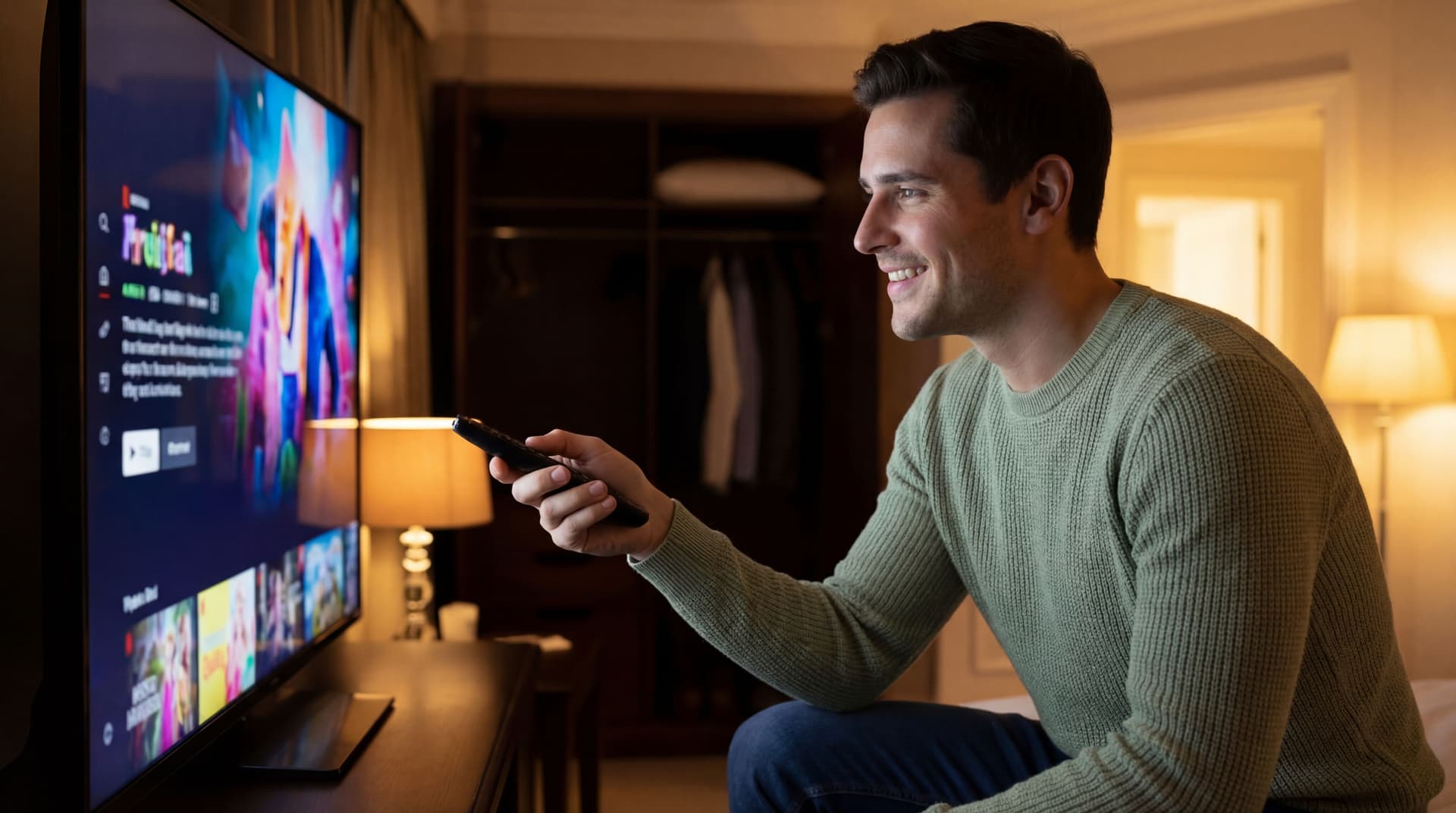 AI generated: At a nice bedroom at night, the Hispanic guy has a happy expression on his face. His hand is holding...