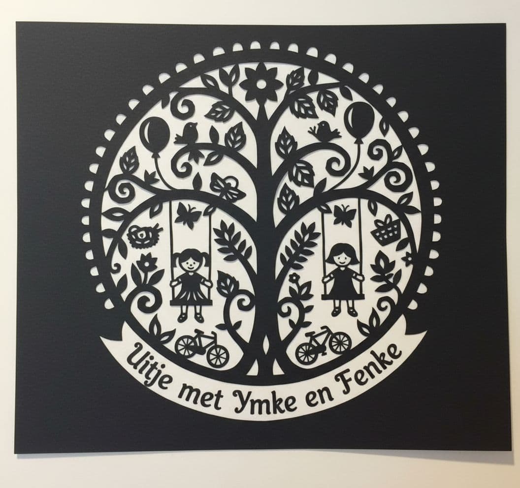 AI generated: In the style of paper cutting patterns create an image that has the copy: 

Uitje met Ymke en Fenk...