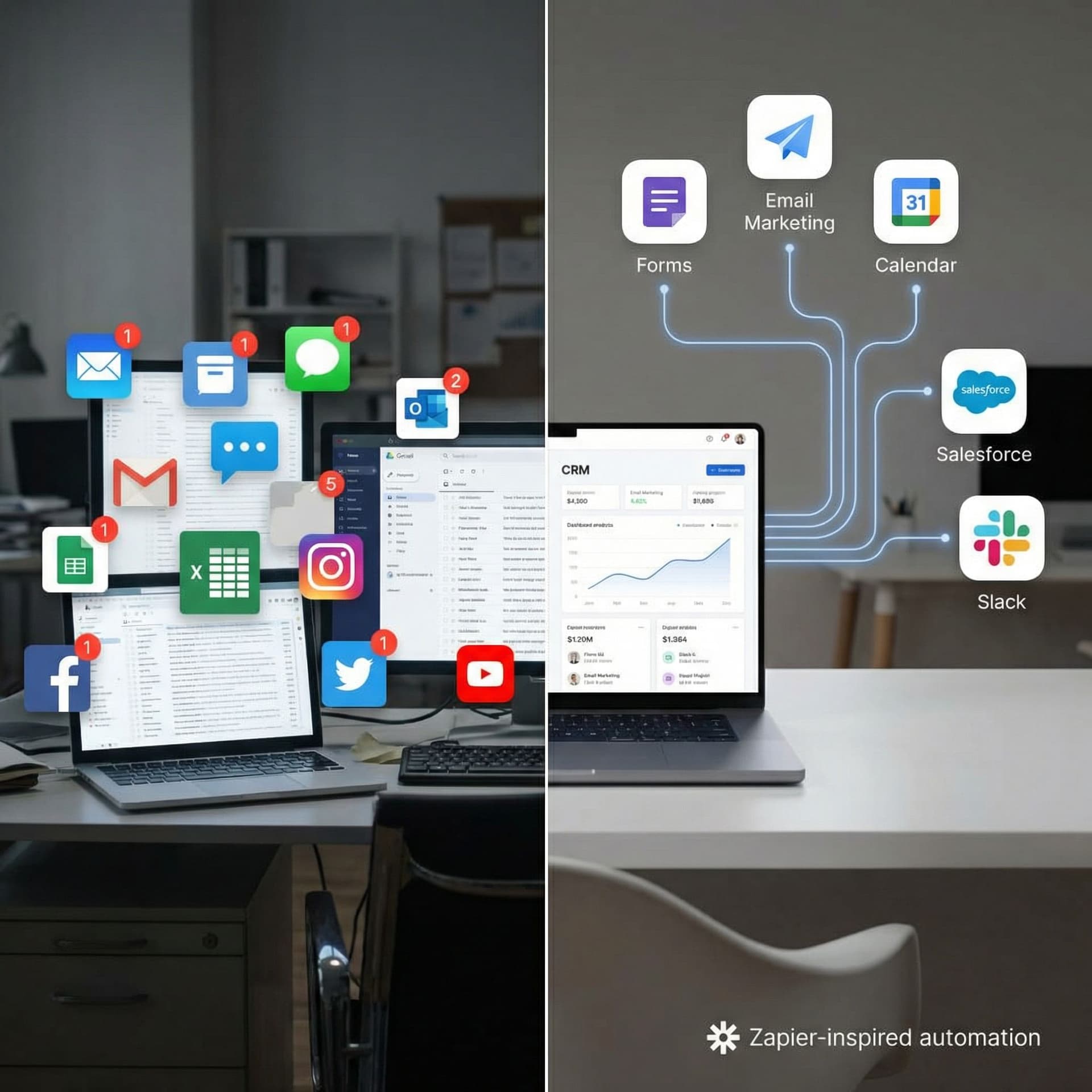 AI generated: Split-screen business automation concept.
Left side: scattered lead icons and notifications across m...
