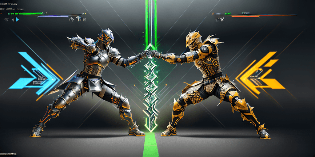 AI generated: Digital art, ultra-high-resolution, dynamic scene of an epic battle between developers styled wieldi...
