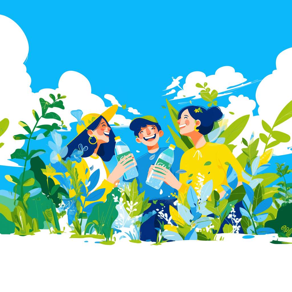 AI generated: Flat illustration of 2 Asian women and 1 Asian man happily drinking drinks from PET bottles together...