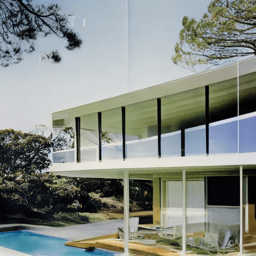 AI generated: Hyper realistic eye level exterior photo of a mid century modern style house overlooking the ocean, ...